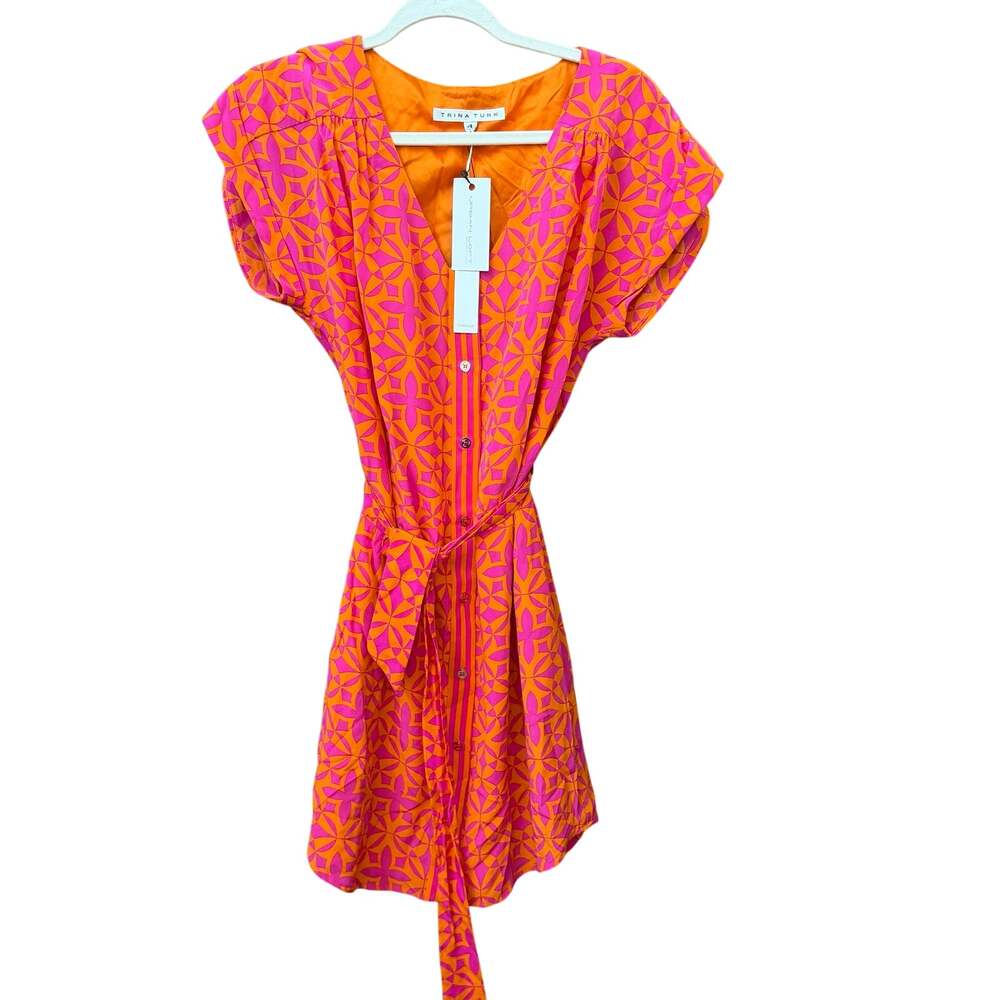 Trina Turk Size 4 NEW Wrap Style Silk Dress Pink Orange Geometric Print $398